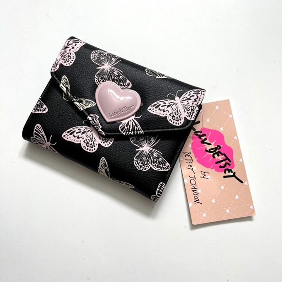 NWT BETSEY JOHNSON Black Butterfly Trifold Wallet w/ Pink Heart Insect Wings - Picture 2 of 5